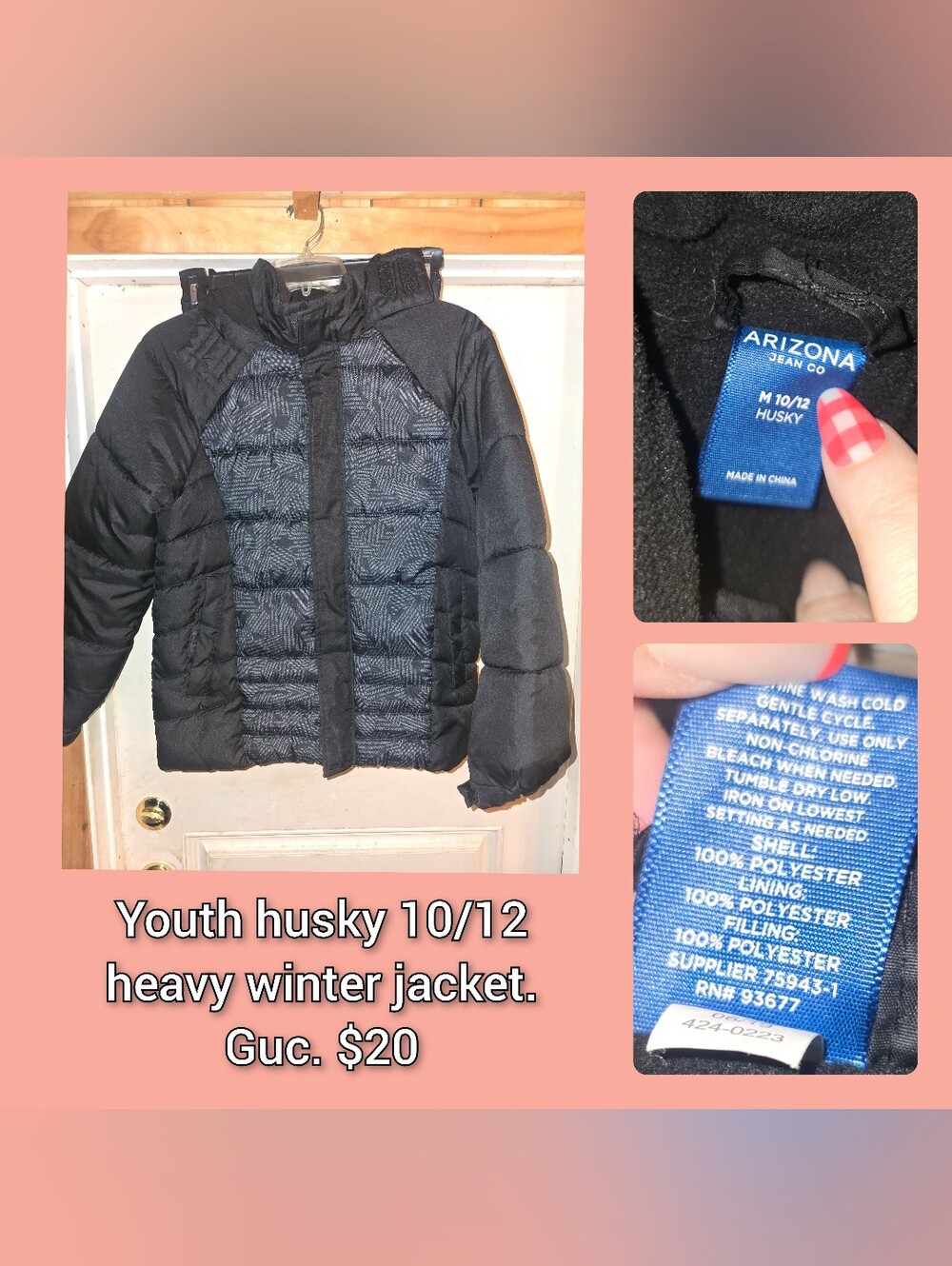 Arizona Jean Company Youth Black & Charcoal Patterned Puffer Jacket
